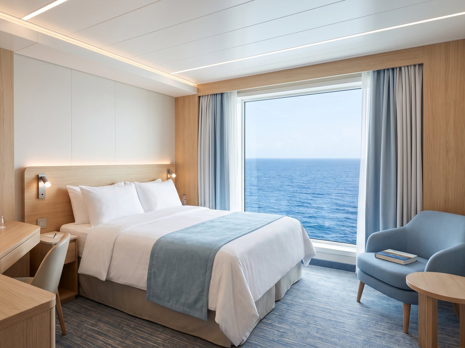 Uma cabine externa com uma grande janela panorâmica para o mar, cama de casal e uma poltrona azul