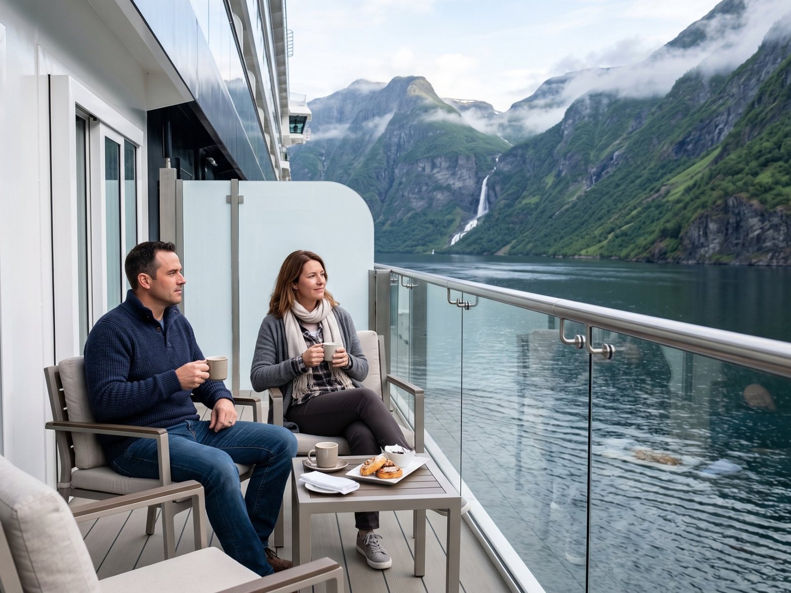 Um casal toma café na varanda da cabine enquanto o navio navega por um fiorde norueguês com uma cachoeira