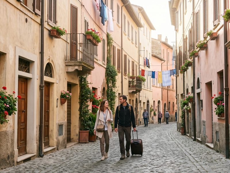 Viajantes com mala caminham por uma rua antiga e estreita de uma cidade europeia