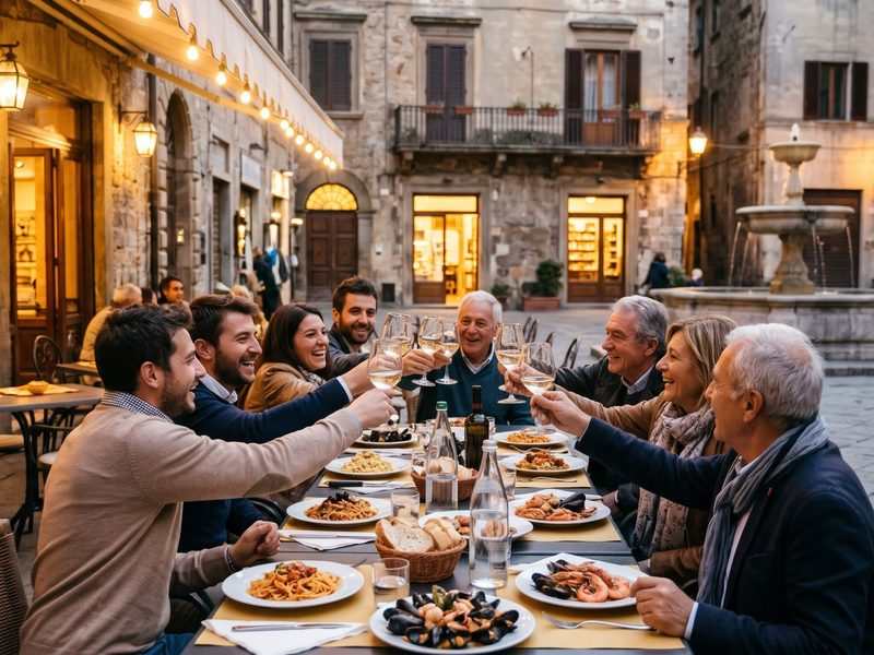 Amigos jantando à noite na varanda de um restaurante numa praça