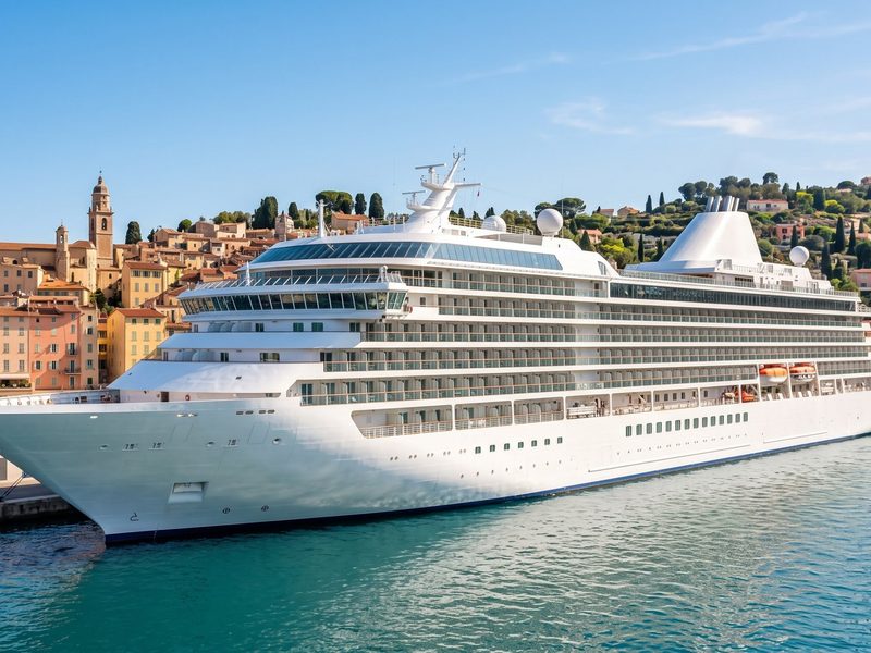 Um grande navio moderno num porto mediterrâneo ensolarado com uma cidade antiga na encosta