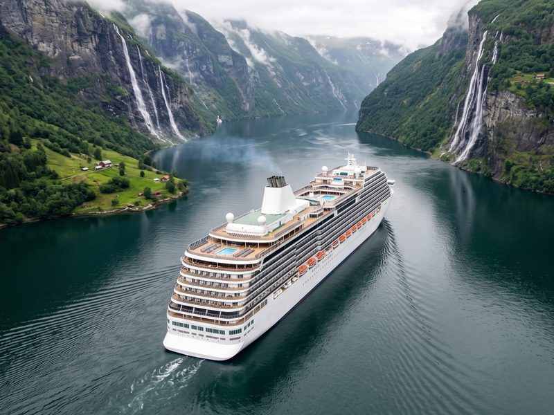 Um grande navio moderno navega por um fiorde norueguês verde com cachoeiras