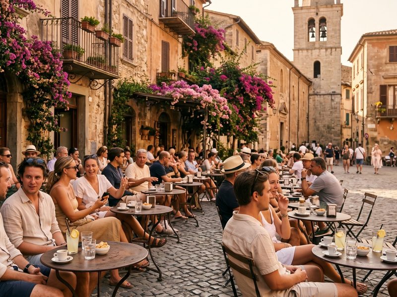 Viajantes de roupa de verão num terraço ensolarado de uma cidade antiga do Mediterrâneo
