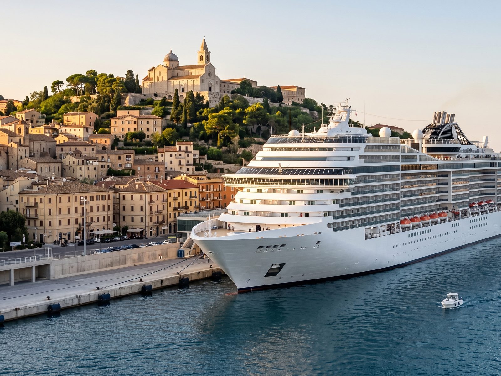 Large modern cruise ship at the quay in Ancona, with the old town and San Ciriaco Cathedral on the hill behind