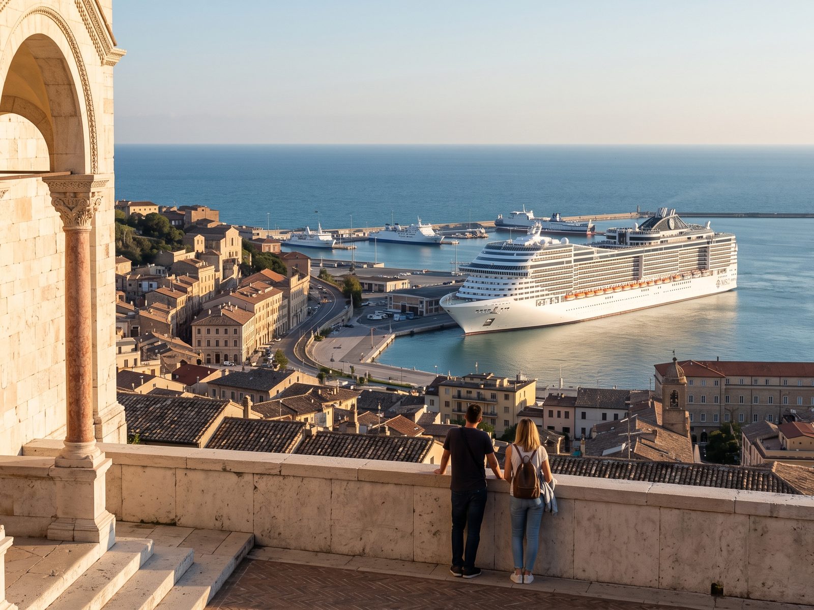 View from the terrace by San Ciriaco Cathedral over the rooftops and harbour of Ancona, with a cruise ship at the quay