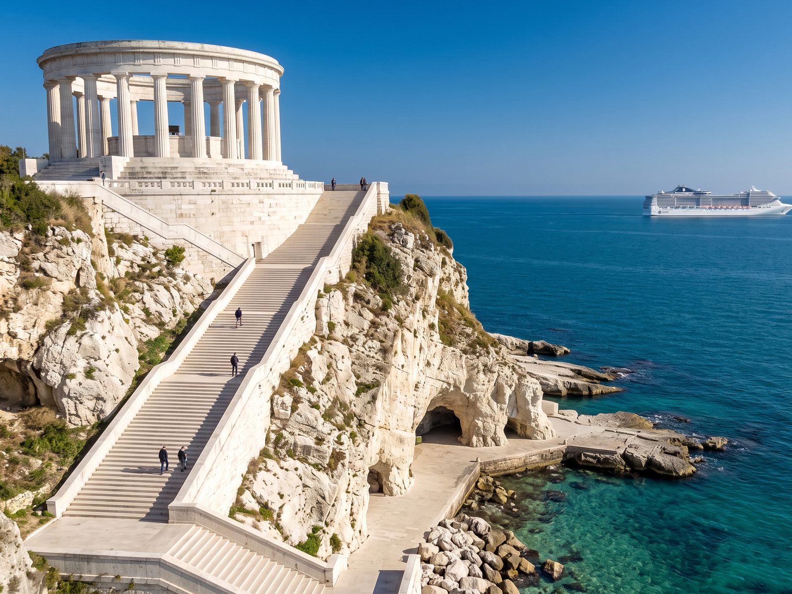 The Passetto in Ancona: the white war memorial, the long stairway down to the sea and white rocks by turquoise water