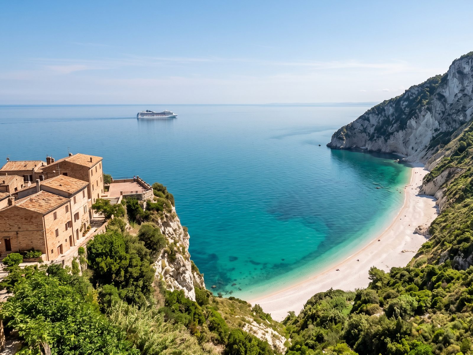 White cliffs and a turquoise cove on the Conero Riviera near Ancona, with a cruise ship on the horizon