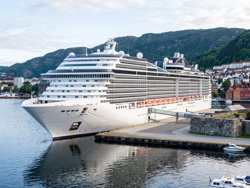 Large modern cruise ship at the quay by Bergenhus Fortress in Bergen, with Bryggen and green mountains behind