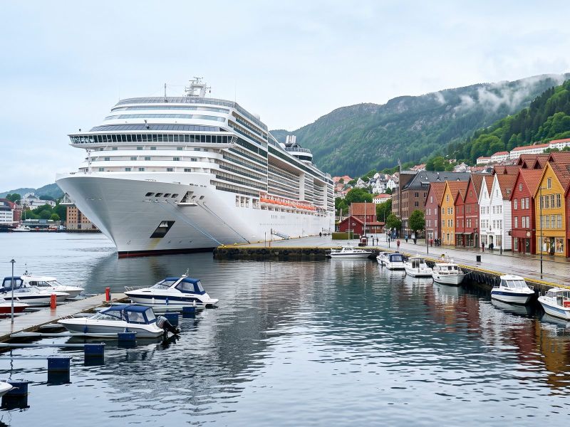 The wooden Hanseatic houses of Bryggen in red, yellow and white along the Vågen harbour in Bergen