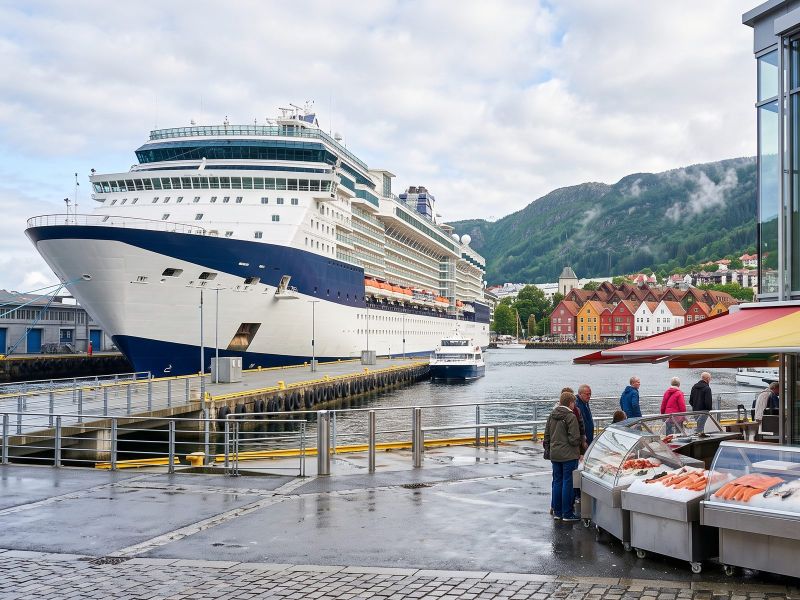 Fish market stalls with fresh seafood at the end of the Vågen harbour in Bergen, colourful wooden houses across the water