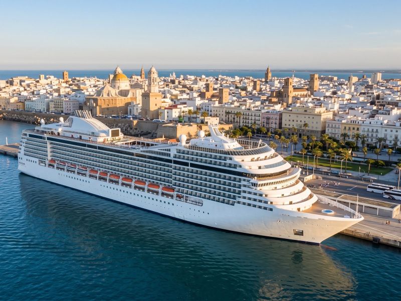 Large modern cruise ship at the quay in Cádiz, with the white old town and the cathedral’s golden dome behind