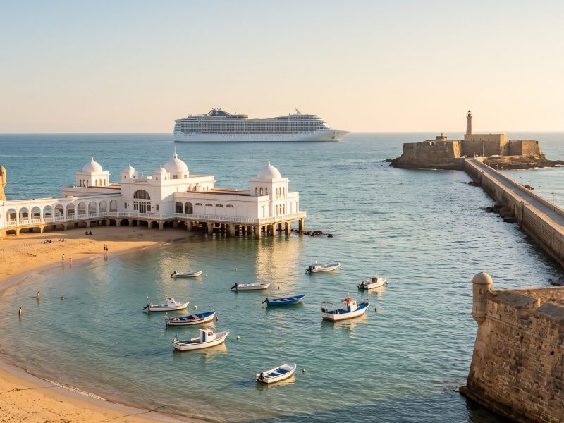 La Caleta beach in Cádiz between two old forts, with the causeway to San Sebastián castle