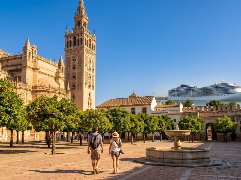 Seville Cathedral and the Giralda tower seen from the courtyard of orange trees