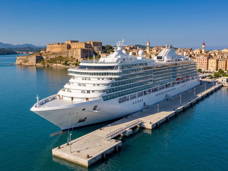 Large modern cruise ship at the new port of Corfu, with the New Fortress and the old town behind