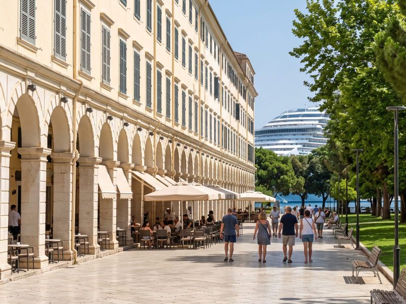The arcades of the Liston and the green Spianada square in Corfu Town