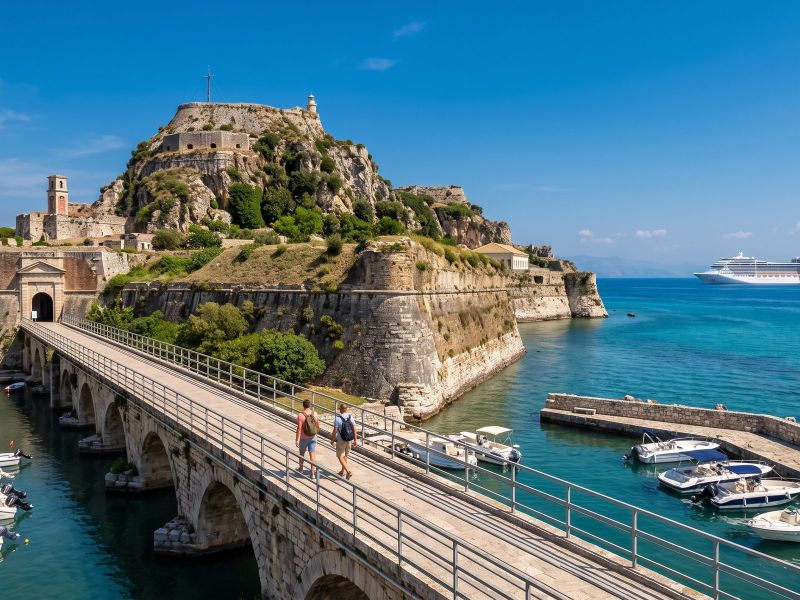 The Old Fortress of Corfu with its sea-water moat and lighthouse, a cruise ship in the distance