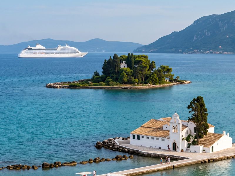 Vlacherna Monastery on its islet and Mouse Island seen from Kanoni, Corfu