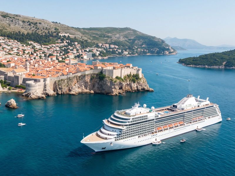 Groot modern cruiseschip voor anker voor de ommuurde oude stad van Dubrovnik, met het eiland Lokrum en de berg Srđ