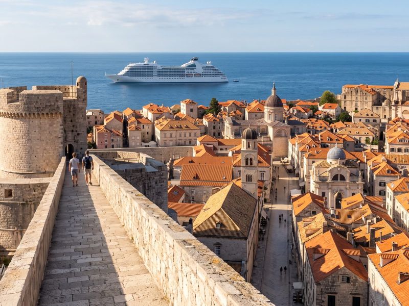 Wandelpad over de stadsmuren van Dubrovnik boven de rode daken van de oude stad, met in de verte een cruiseschip voor anker