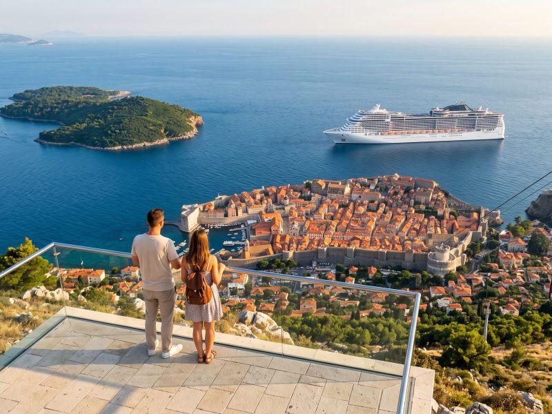 Uitzicht vanaf de Srđ over de ommuurde oude stad van Dubrovnik, Lokrum en de Elafitische eilanden, met een cabine van de kabelbaan