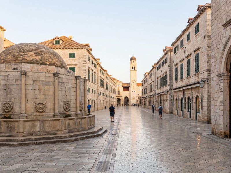De Stradun in Dubrovnik in de vroege ochtend, met de ronde fontein, stenen huizen en aan het eind de klokkentoren