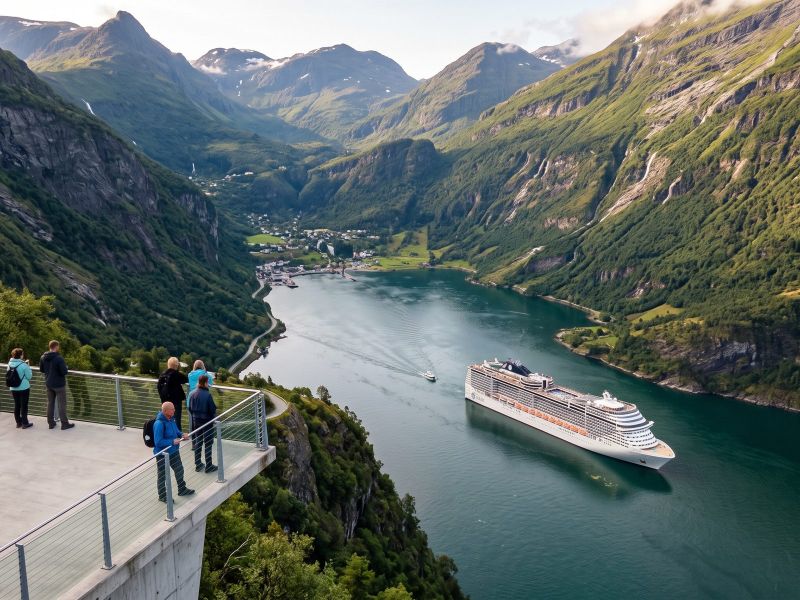 Groot modern cruiseschip voor anker in het Geirangerfjord onder het dorp Geiranger, gezien vanaf de Adelaarsweg