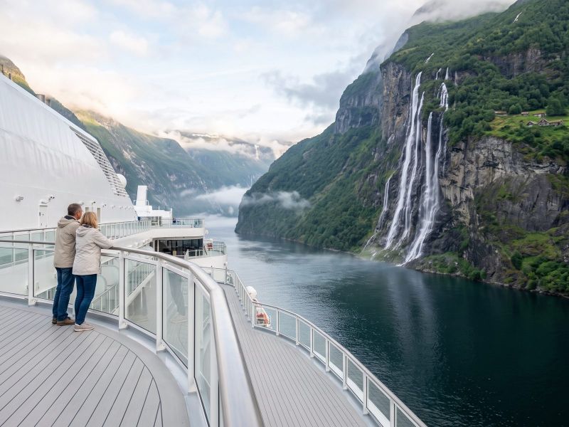 De watervallen de Zeven Zusters in het Geirangerfjord, gezien vanaf het dek van een cruiseschip