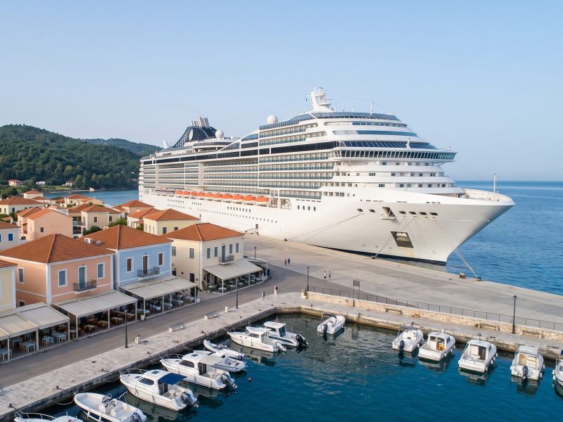 Groot modern cruiseschip aan de pier naast het vissersdorp Katakolon, de haven voor Olympia