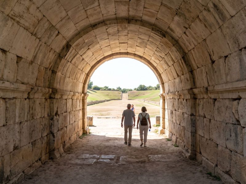 De overwelfde tunnel naar het antieke stadion van Olympia