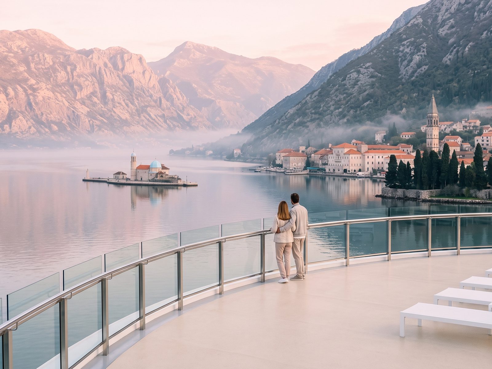Stel op het bovendek van een cruiseschip bij zonsopgang, varend langs de twee eilandjes bij Perast in de Baai van Kotor