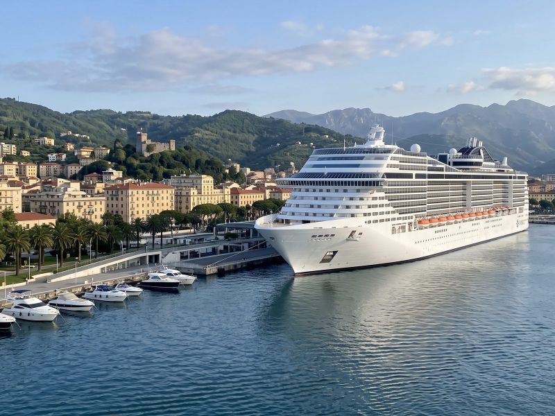 Groot modern cruiseschip aan de kade in La Spezia, met de boulevard met palmen, de stad en groene heuvels erachter