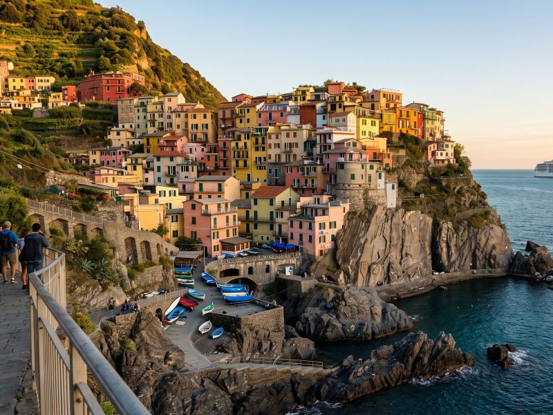 Pastelkleurige torenhuizen van Manarola in Cinque Terre op donkere rotsen boven zee, met wijnterrassen erachter