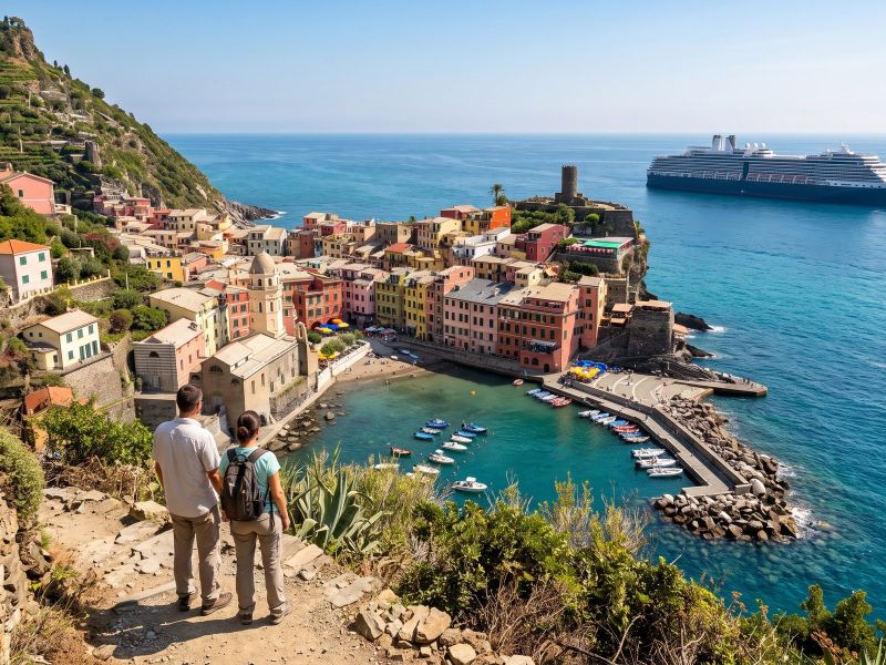 Vernazza in Cinque Terre vanaf het wandelpad: het haventje, de kerktoren en pastelkleurige huizen