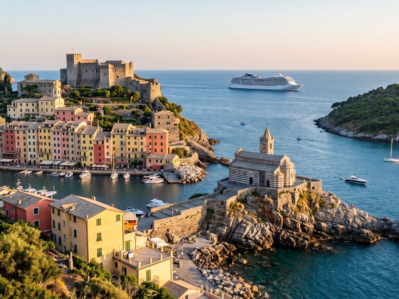 Portovenere: pastelkleurige huizen aan de haven en de gestreepte kerk San Pietro op de rotspunt, een cruiseschip in de verte