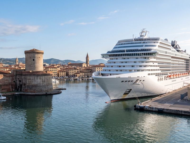 Groot modern cruiseschip aan de kade in de haven van Livorno naast de Fortezza Vecchia, de haven voor Florence en Pisa