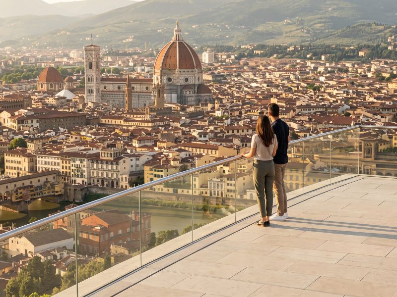 De daken van Florence met de koepel van Brunelleschi, de klokkentoren en de Ponte Vecchio