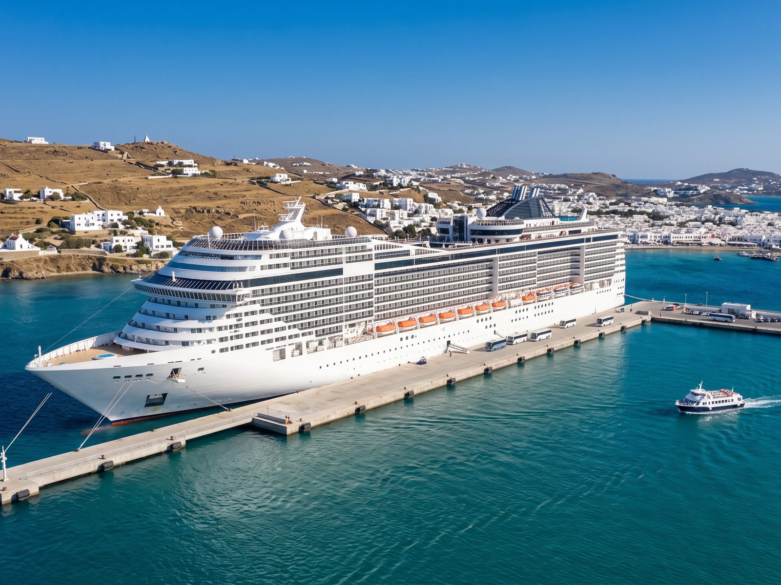 Groot modern cruiseschip in de nieuwe haven van Mykonos in Tourlos, met het witte stadje Chora aan de overkant van de baai