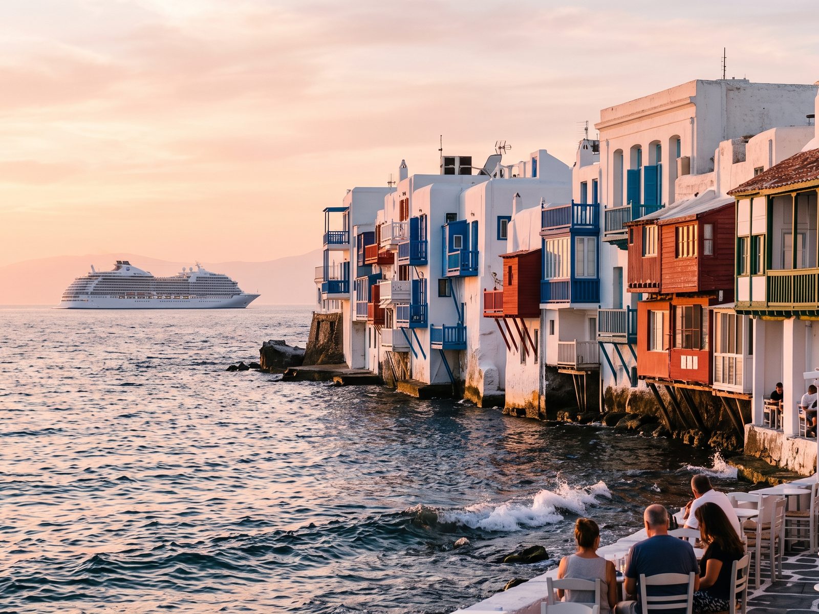 Klein Venetië op Mykonos in het gouden uur, huizen met balkons boven het water en in de verte een cruiseschip voor anker