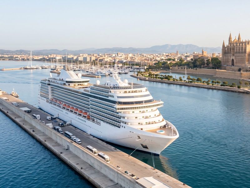 Groot modern cruiseschip aan een golfbreker in de baai van Palma, met de kathedraal van Palma aan de overkant