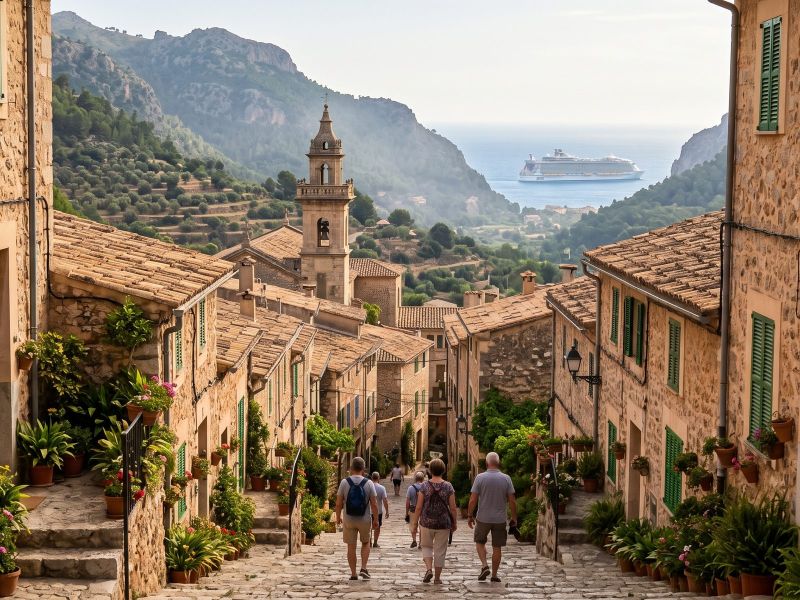 Stenen straatje in Valldemossa met de klokkentoren van het klooster en de Tramuntana