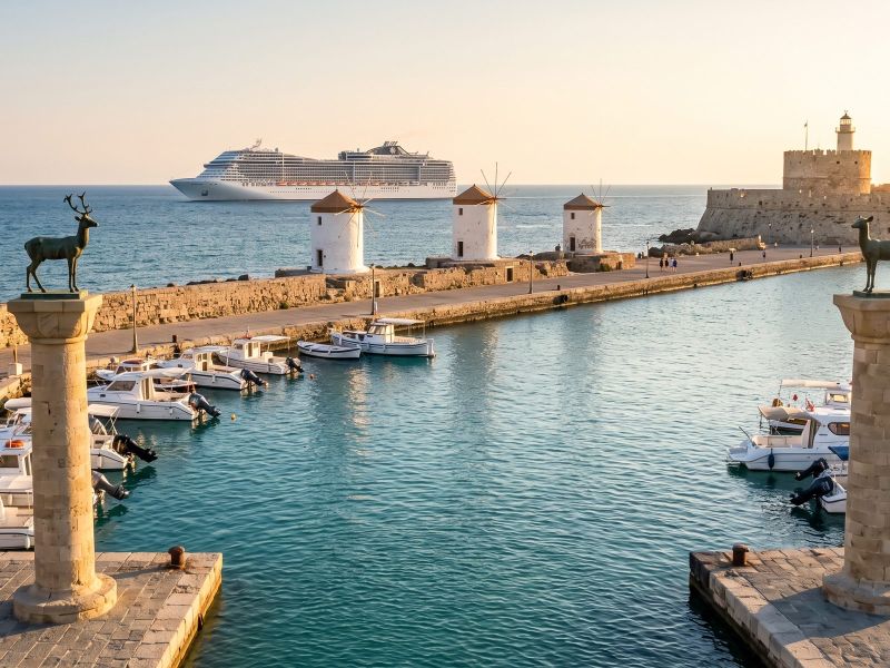 Mandraki harbour in Rhodes with the deer statues, windmills and the Fort of St Nicholas