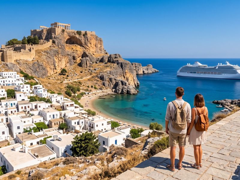 Lindos on Rhodes: white houses below the acropolis rock and a turquoise bay