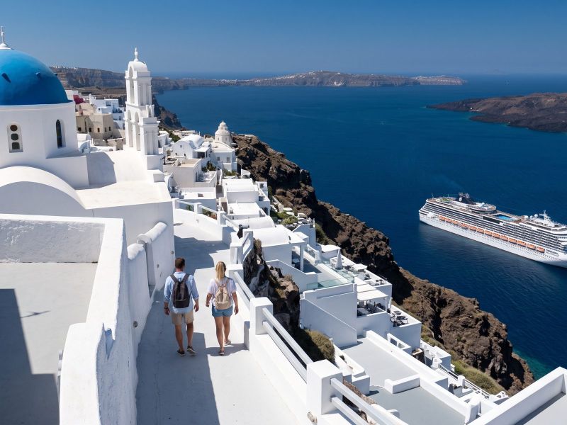 Kerk met blauwe koepel op de calderarand van Santorini, met diep beneden een cruiseschip voor anker