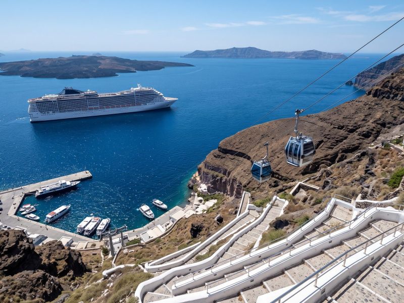 Kabelbaan en stenen trap langs de klif van Fira naar de oude haven, met tenders en een cruiseschip in de caldera
