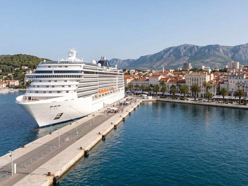 Large modern cruise ship moored in Split harbour opposite the Riva, Diocletian's Palace and the cathedral bell tower