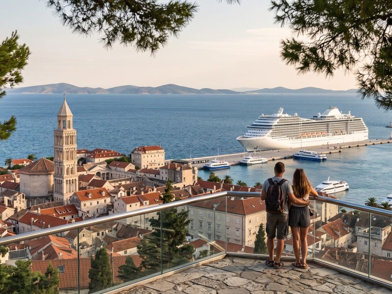 View from Marjan hill over Split's old town and harbour, with a cruise ship at the pier and the islands of Brač and Šolta
