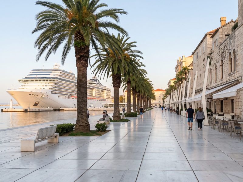 The palm-lined Riva promenade in Split in the morning, along the wall of Diocletian's Palace, with a cruise ship in the harbour