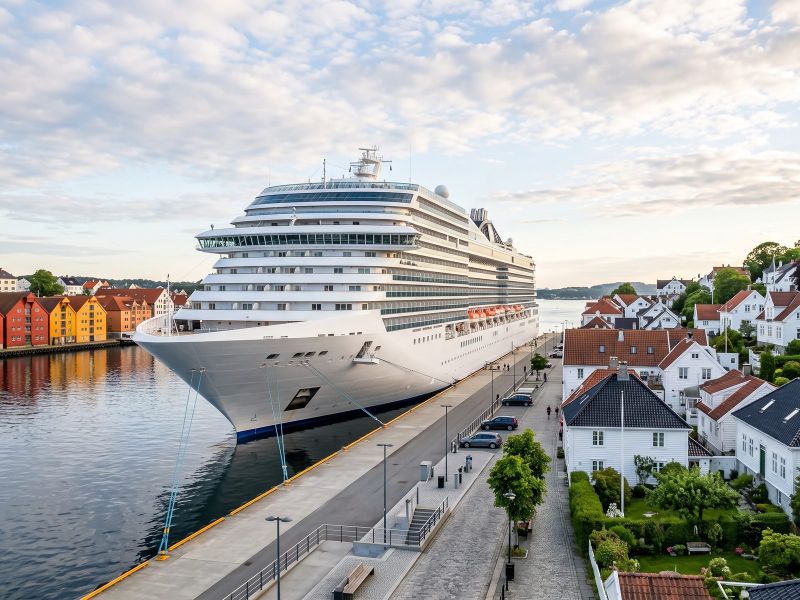 Large modern cruise ship at the quay in Stavanger, below the white wooden houses of the old town