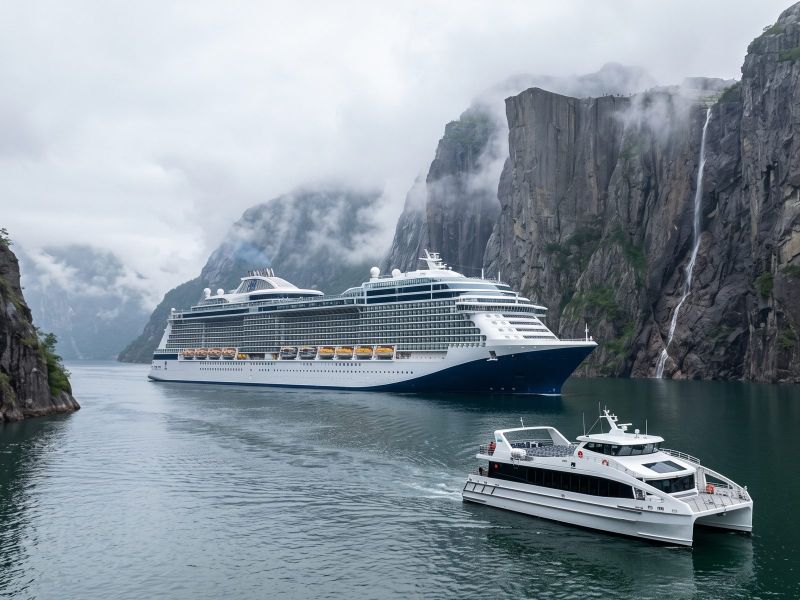A sightseeing boat in the Lysefjord below the cliffs of Preikestolen