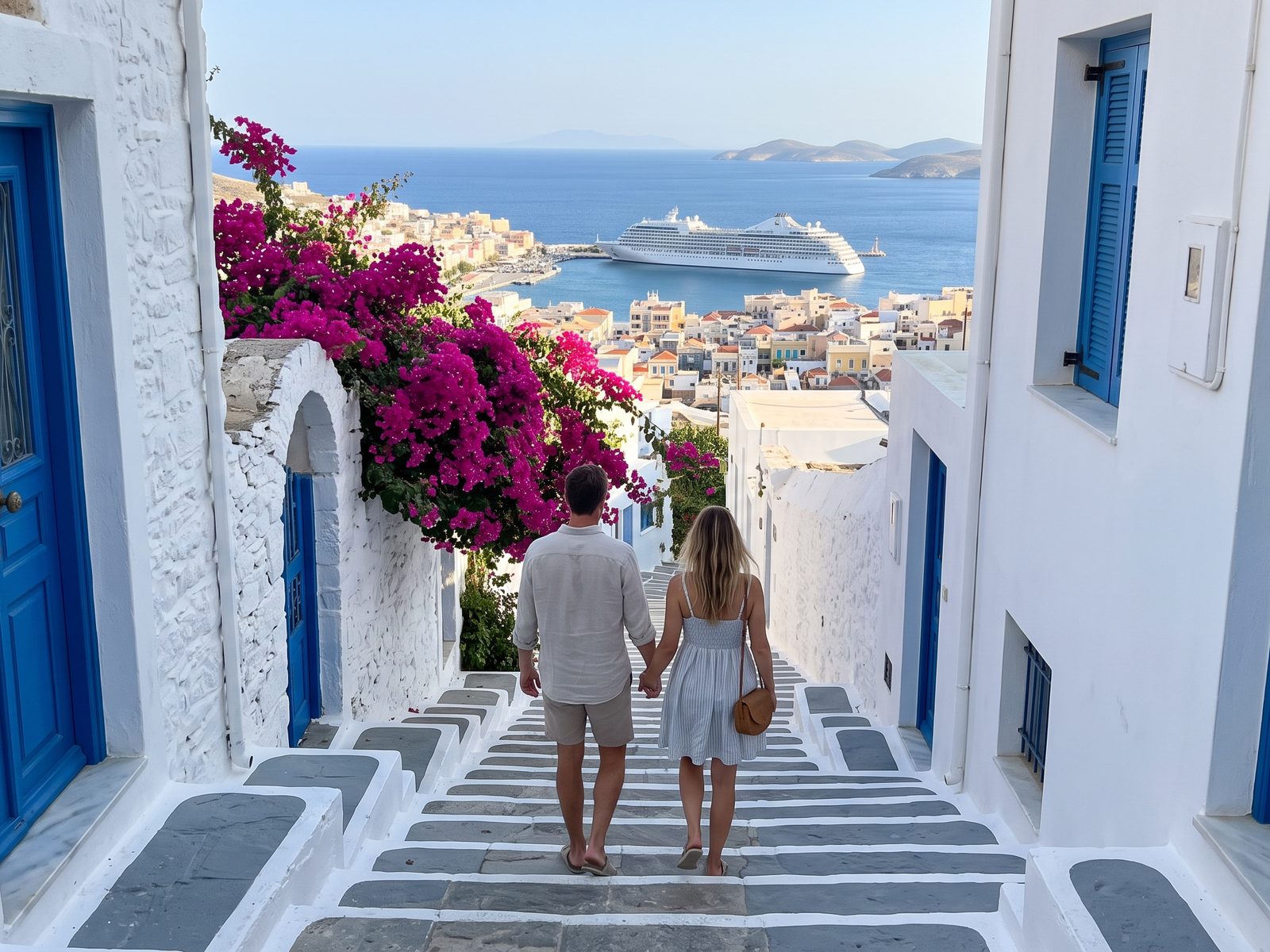 Wit gekalkt trapstraatje in Ano Syros met uitzicht op de haven van Ermoupoli en een cruiseschip